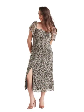 BLACK TAPE Womens Black Smocked Slitted Draped Tiered Lined Floral Pouf Sleeve Square Neck Midi Fit   Flare Dress