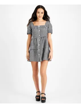 BLACK TAPE Womens Black Unlined Button Front Closure Tiered Gingham Pouf Sleeve Square Neck Above The Knee Trapeze Dress