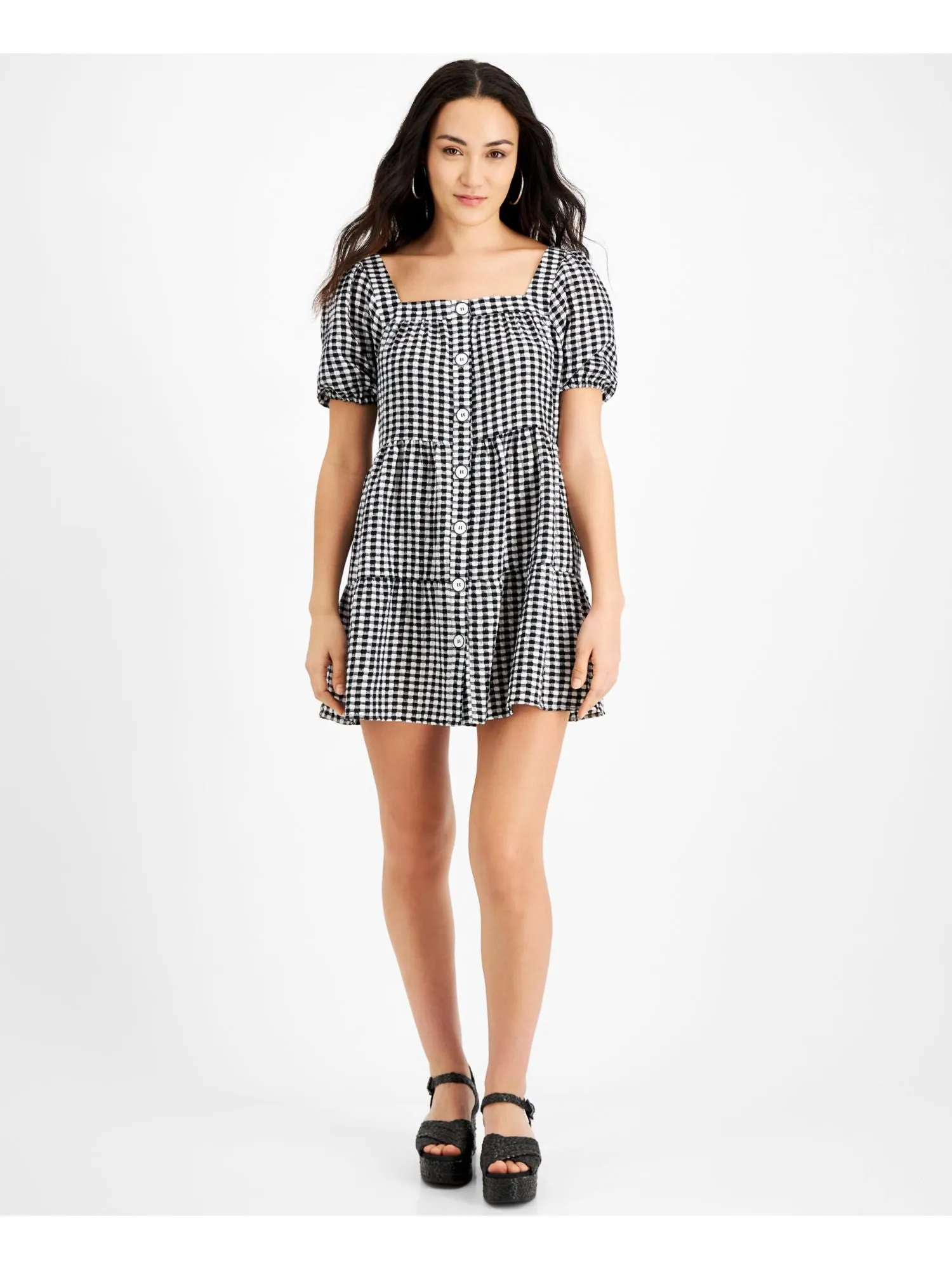 BLACK TAPE Womens Black Unlined Button Front Closure Tiered Gingham Pouf Sleeve Square Neck Above The Knee Trapeze Dress