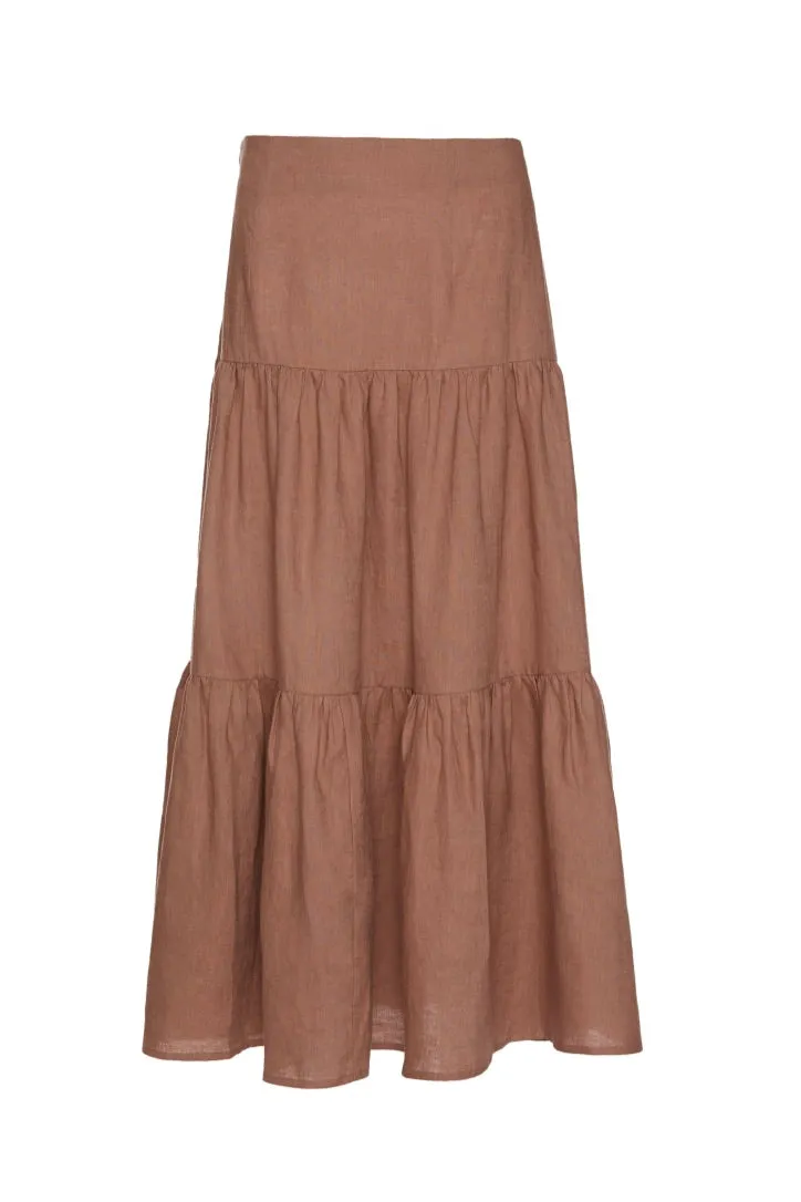 Blazing Toffee Linen Tiered Midi Skirt