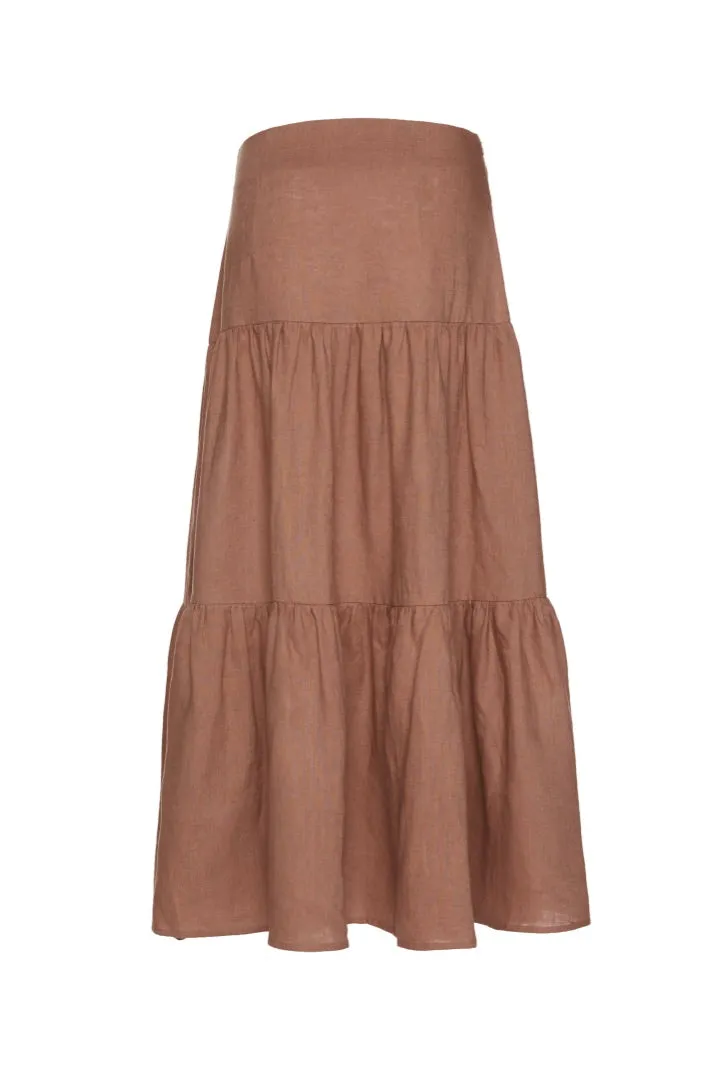 Blazing Toffee Linen Tiered Midi Skirt