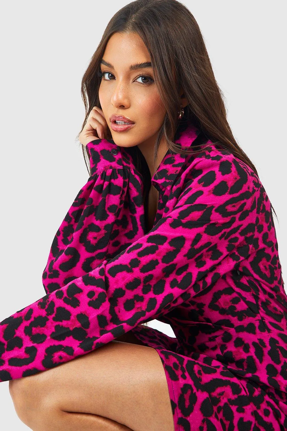 Boohoo Leopard Print Mini Shirtdress, Pink