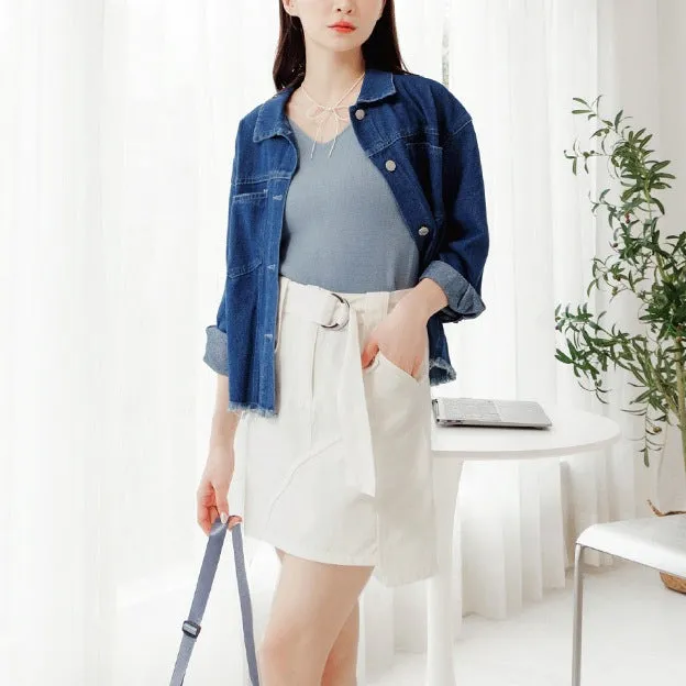 Casual Washed Denim A-Line Belt Short Mini Skirt