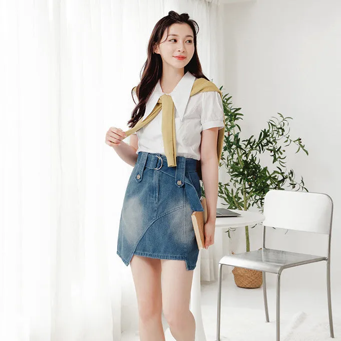 Casual Washed Denim A-Line Belt Short Mini Skirt