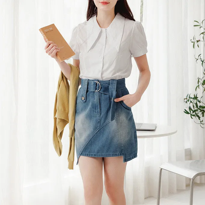 Casual Washed Denim A-Line Belt Short Mini Skirt