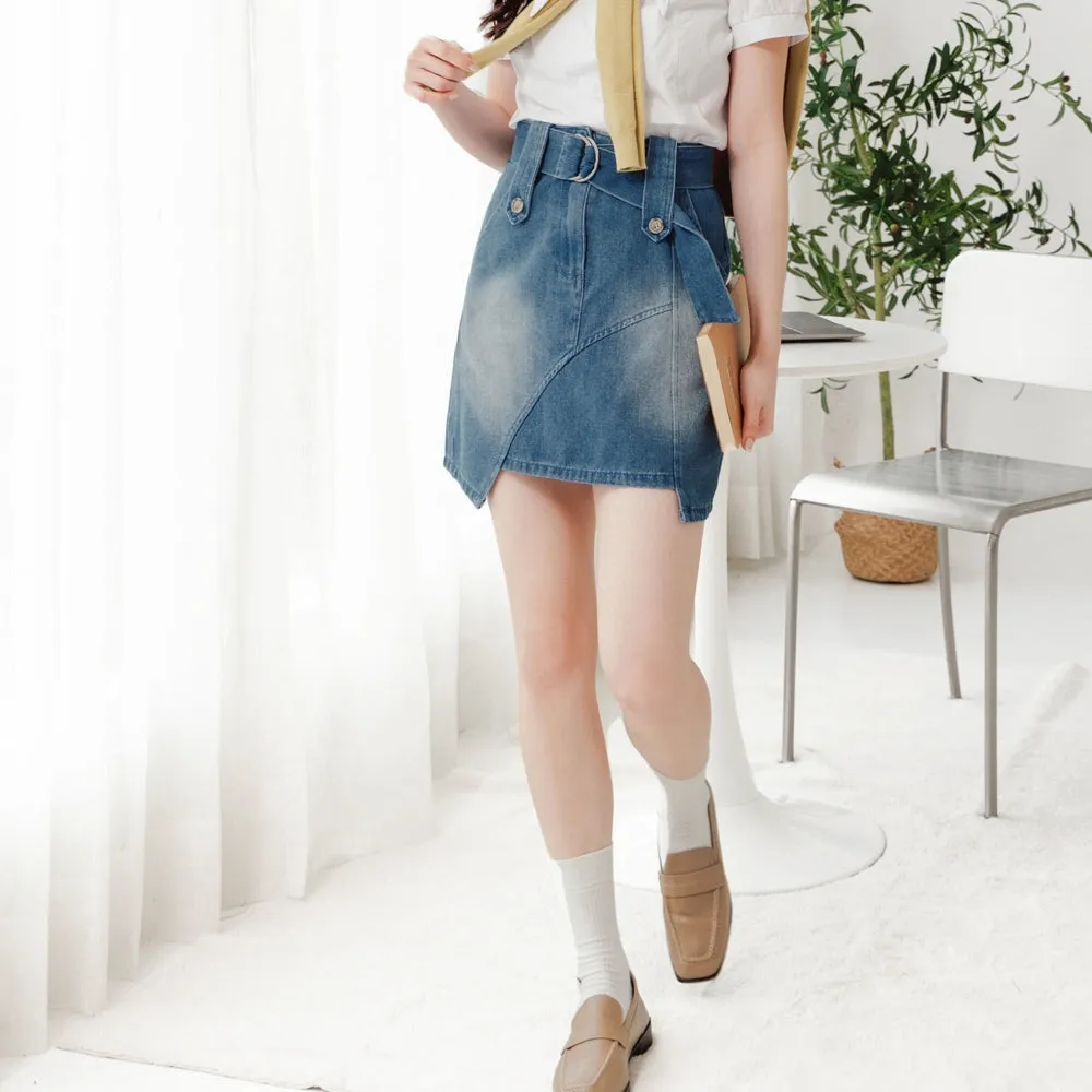 Casual Washed Denim A-Line Belt Short Mini Skirt