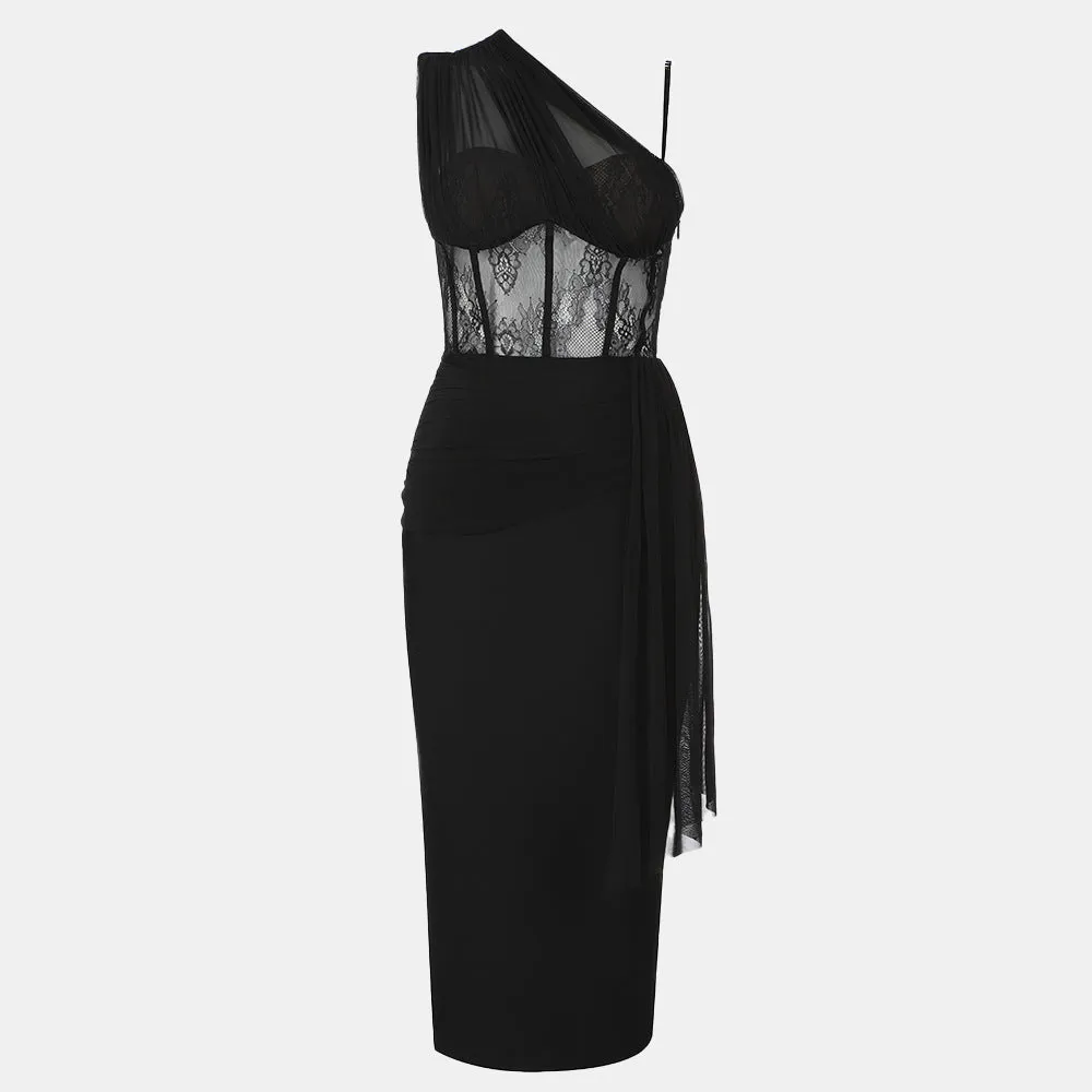 Diagonal Shoulder Lace Patchwork Midi Dress