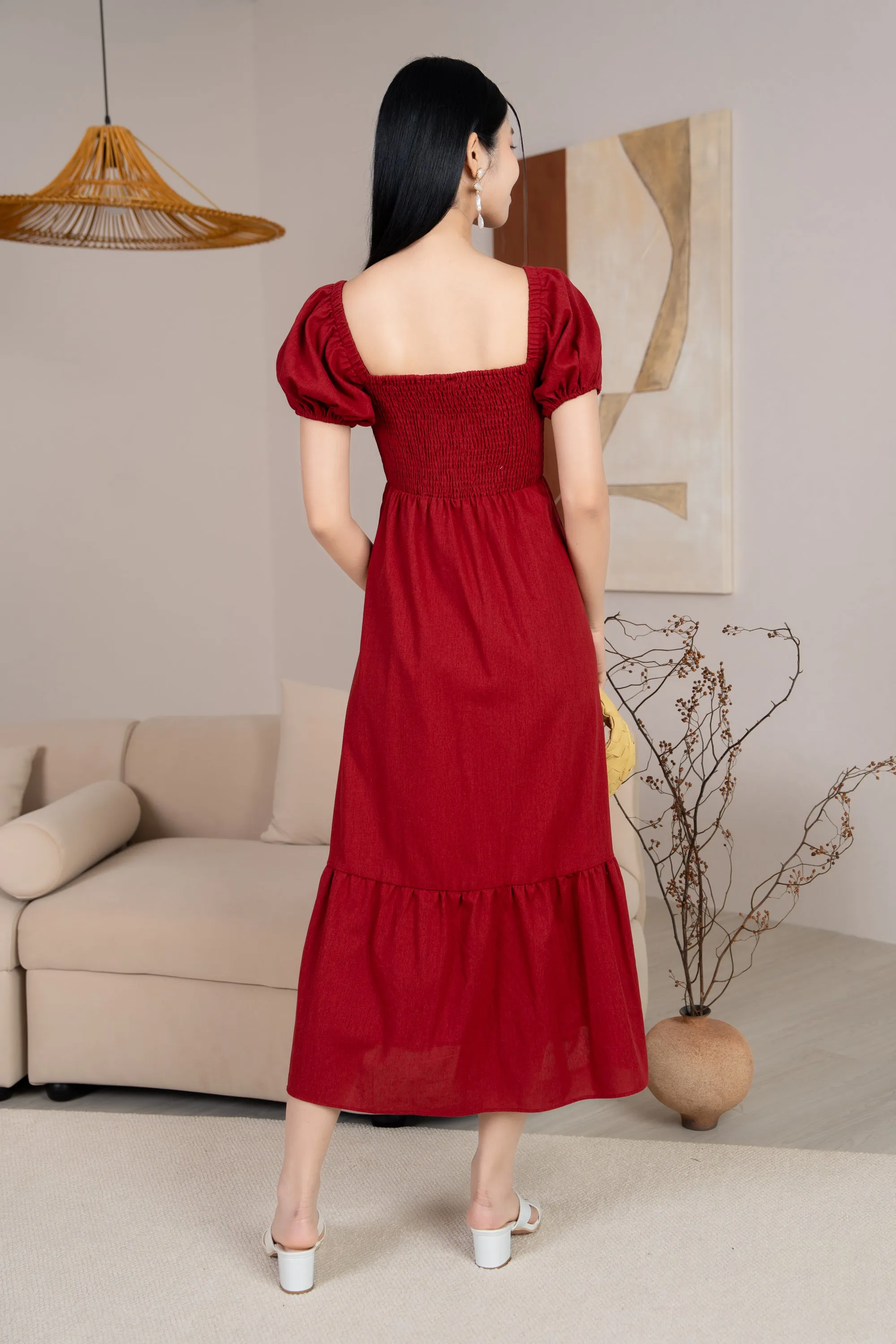 Diana Pouf Sleeves Smocked Drophem Dress in Wine