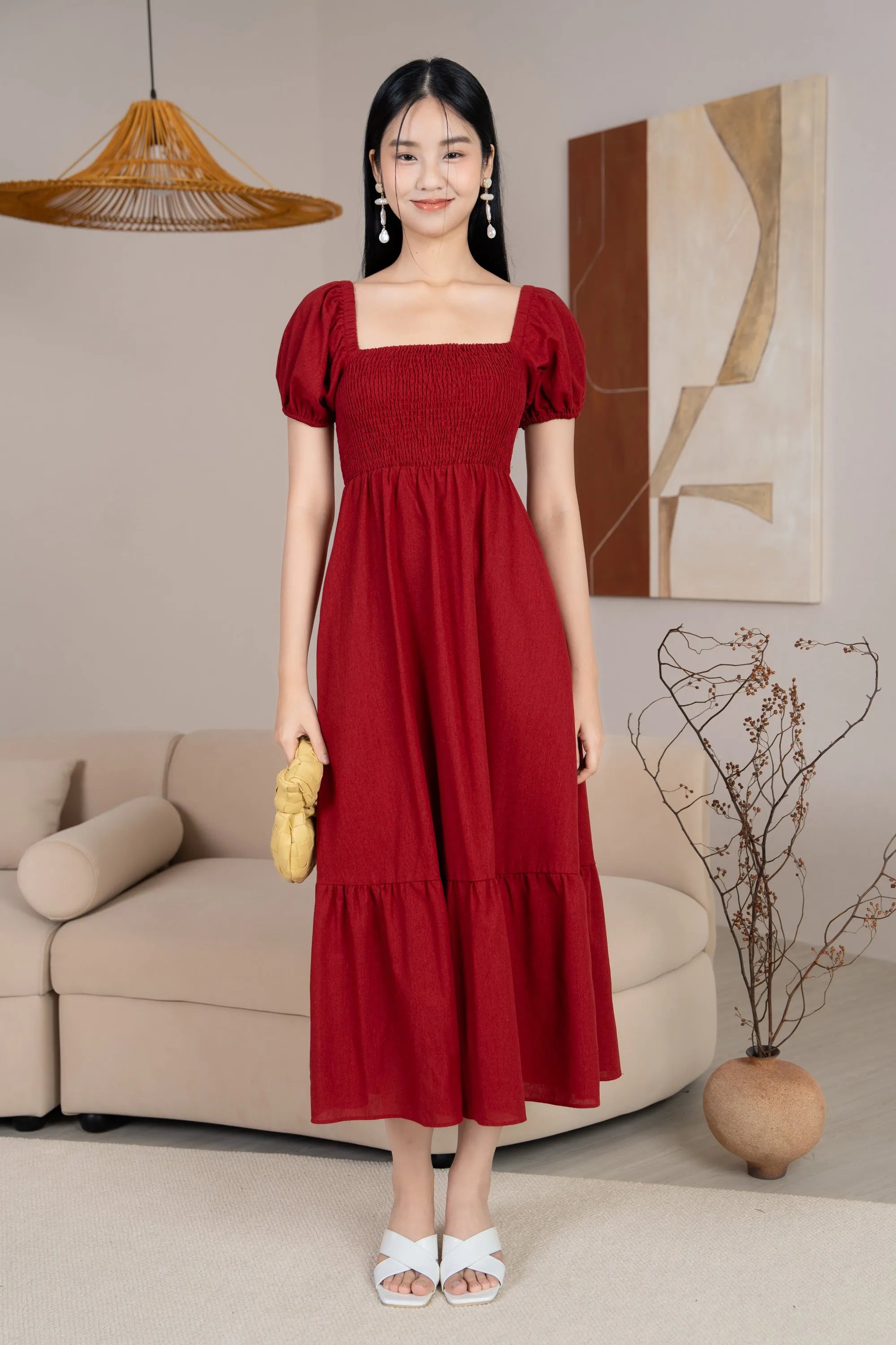 Diana Pouf Sleeves Smocked Drophem Dress in Wine