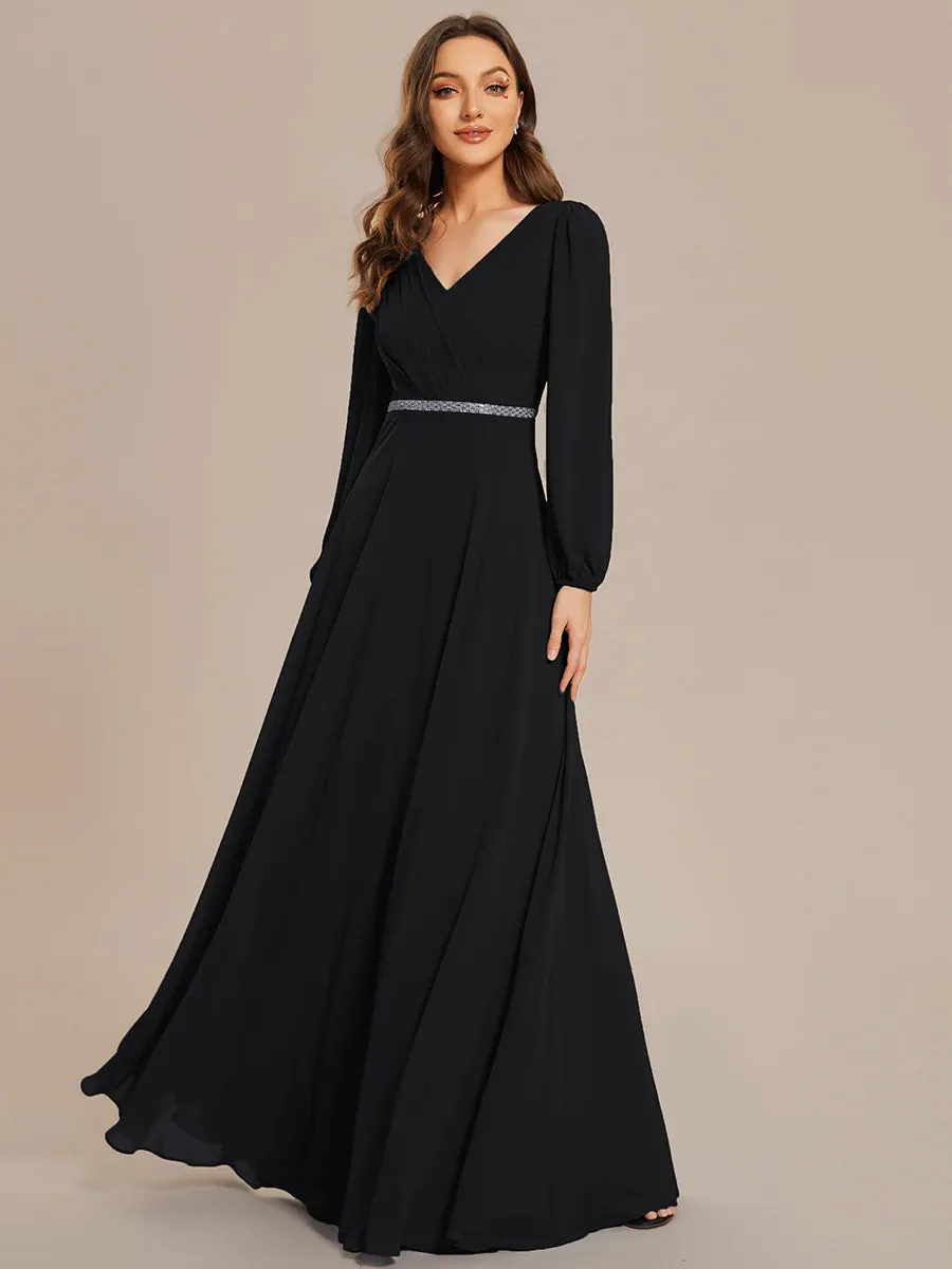 Elegant Waisted Chiffon V-neck Long Sleeve Bridesmaid Dress