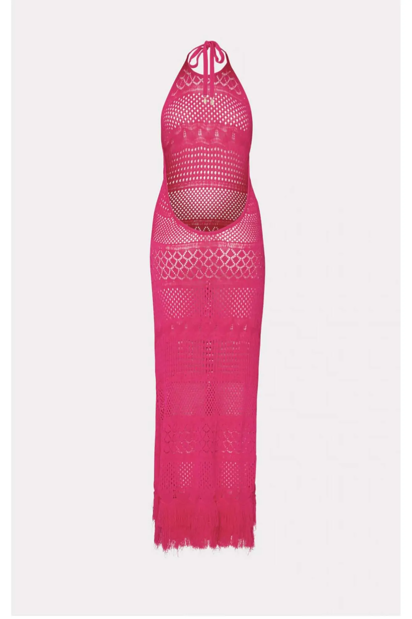 Fringe Halter Tie Back Dress in Shocking Pink