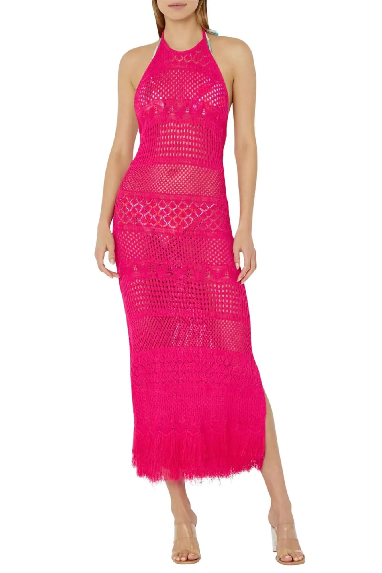 Fringe Halter Tie Back Dress in Shocking Pink