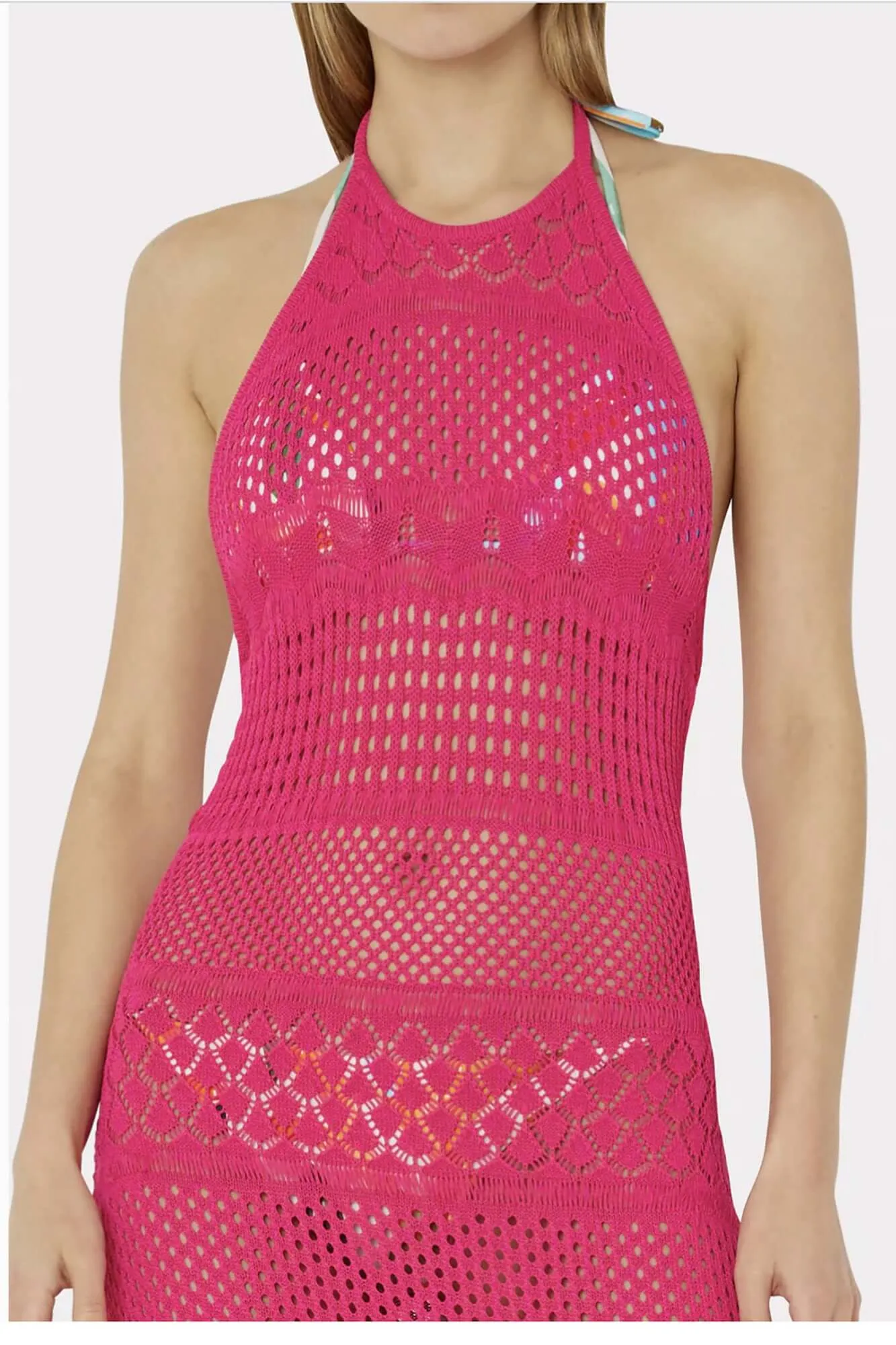 Fringe Halter Tie Back Dress in Shocking Pink