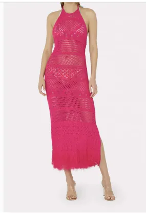 Fringe Halter Tie Back Dress in Shocking Pink