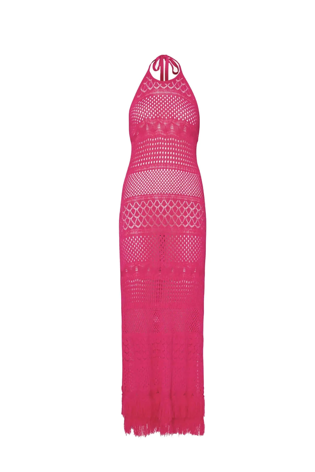 Fringe Halter Tie Back Dress in Shocking Pink