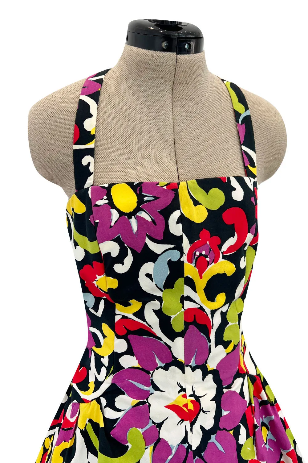 Gorgeous Resort 1993 Christian Lacroix Crisp Cotton Floral Print Halter Dress w Pouf Back Skirt