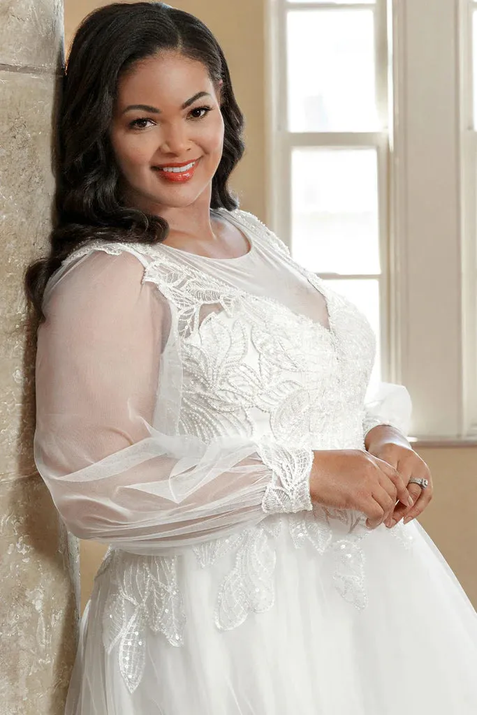 Michelle Bridal For Sydney's Closet MB2302 A-Line Silhouette Modern Leaf Appliques Clear Sequins Bugle Beads Long Sleeve Pouf Sleeves Plus Size "Seraphina" Bridal Dress