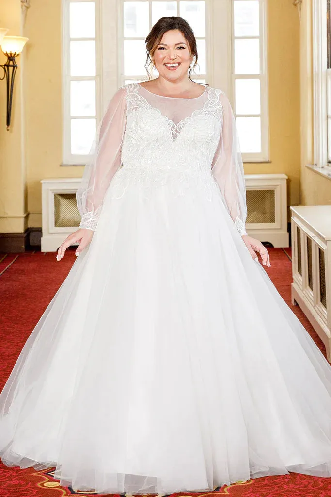 Michelle Bridal For Sydney's Closet MB2302 A-Line Silhouette Modern Leaf Appliques Clear Sequins Bugle Beads Long Sleeve Pouf Sleeves Plus Size "Seraphina" Bridal Dress