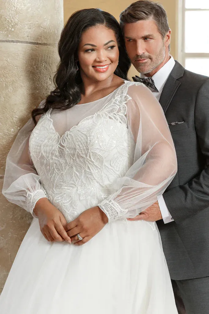 Michelle Bridal For Sydney's Closet MB2302 A-Line Silhouette Modern Leaf Appliques Clear Sequins Bugle Beads Long Sleeve Pouf Sleeves Plus Size "Seraphina" Bridal Dress