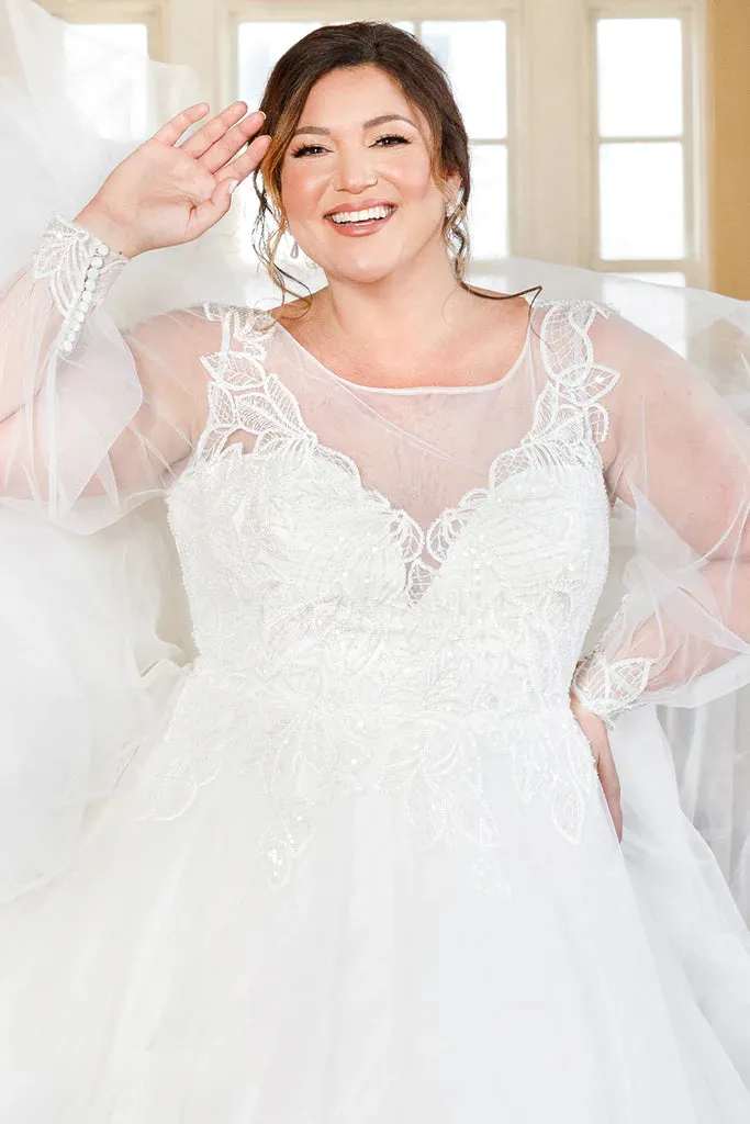 Michelle Bridal For Sydney's Closet MB2302 A-Line Silhouette Modern Leaf Appliques Clear Sequins Bugle Beads Long Sleeve Pouf Sleeves Plus Size "Seraphina" Bridal Dress