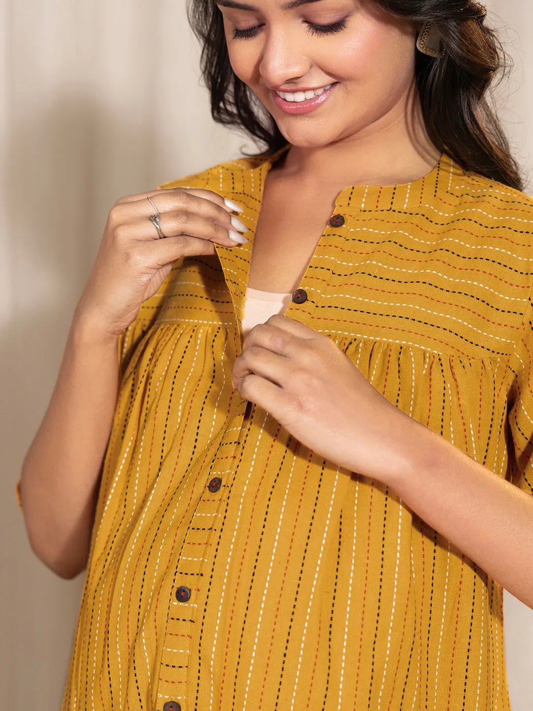 Mustard Cotton Woven Design A- Line Maternity Top