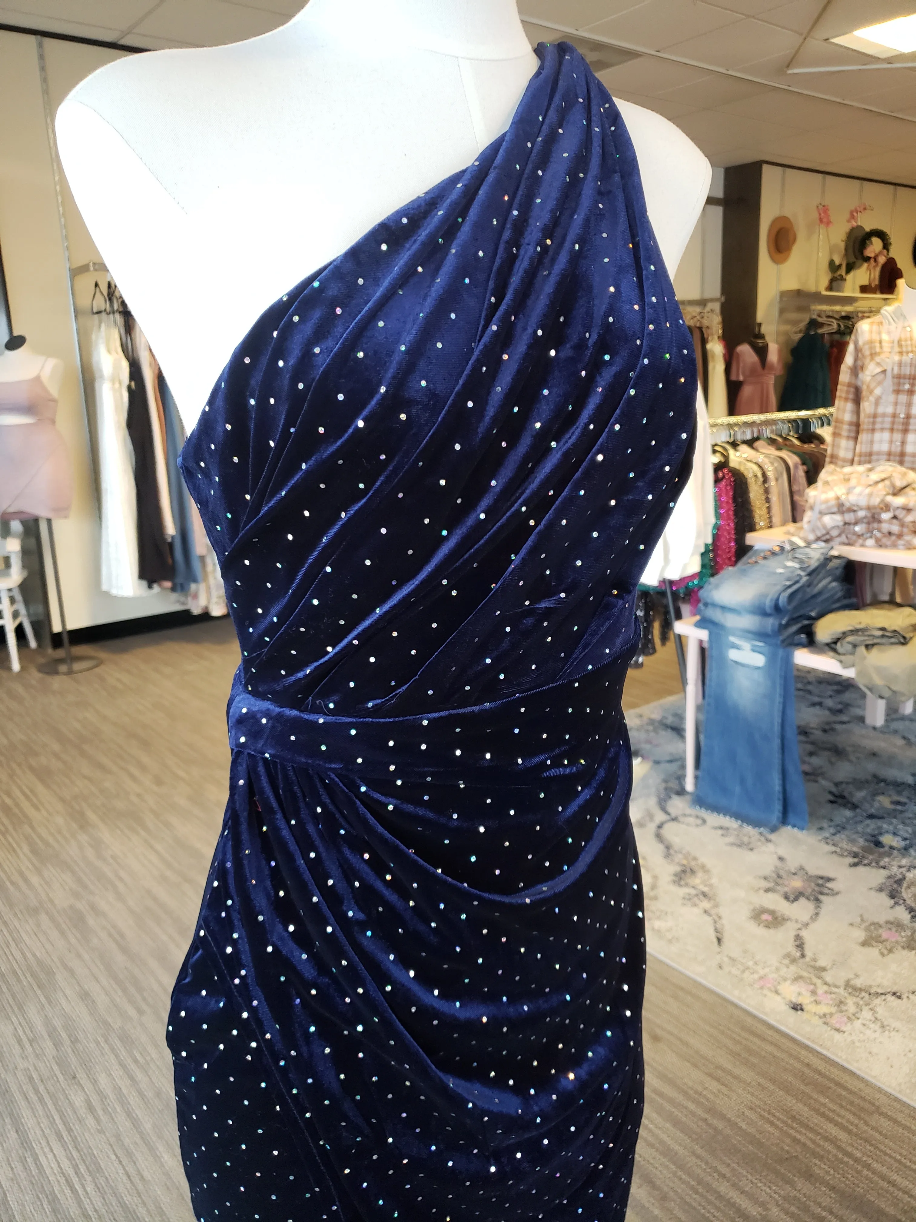Navy One Shoulder Slit Dress