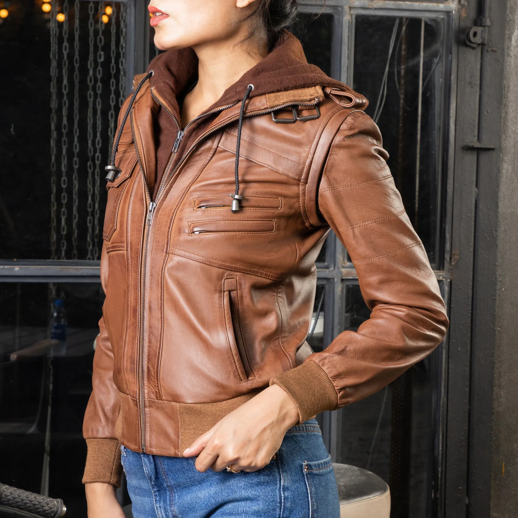 Womens Removable Hooded Leather Jacket